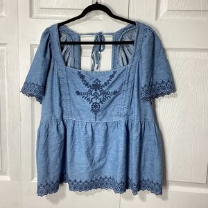 Old Navy Embroidered Boho Peasant Smocked Back Baby Doll Square Neck 4x
